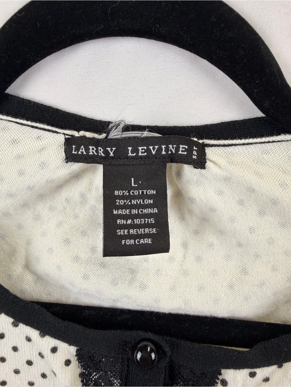 Larry Levine Women's Top Sz L Cream and Black Polka Dot Lace Black Trim Stretch - Picture 4 of 8